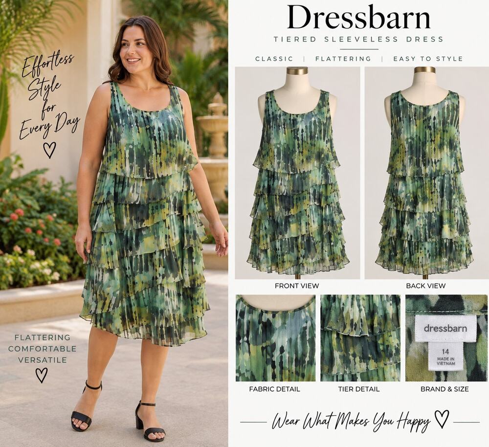 Dressbarn Womens Size 14 Green Tiered Ruffle Midi Dress Sleeveless Abstract